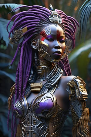 intricat details of a robotic african woman with dreadlocks standing defiantly infront of a bulldozer in the jungle, black, purple, red, gold_(metal), silver, full body portrait, supreme quality, intricate detail,bingnvwang