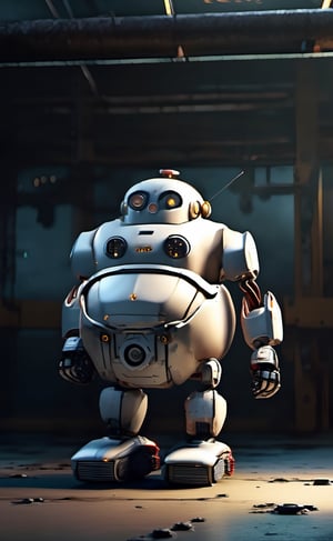 a fat worn down cybernetic robot, perfect detail, cinematic, atmospheric, wide lens scale, depth in field, perfect rendition,Mechanical part