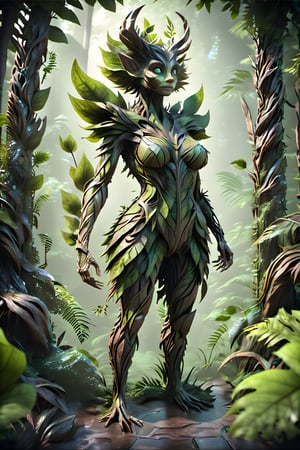 Comic Book-Style, a forest creature (female shaped) made out of leaves and branches, standing on the outskrits of a jungle, full body image, seen from below, extremely detailed, masterpiece