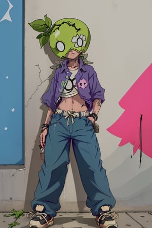 a cool street hustler wearing baggy pants, sneakers, baggy shirt, leaning against a wall (with grafitti) looking down at the viewer, seen from below, suika, ucat