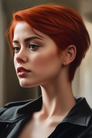 masterpiece, photo realistic, portrait of a young woman in her 20s, short, straight, strong geometric red hair, impure skin with some fracles face is like a mix of Amber Heard and Selena Gomez, 