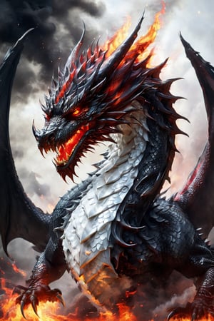Create a hyper-realistic image of a black demon dragon, realistic dragon scales, embodying the black white flame. His scales are fiery red, his eyes burn with rage, and his breath is a searing inferno, ready to unleash his fury on anyone who dares cross his path.,Dragon