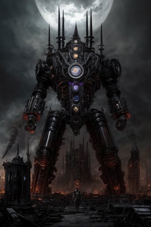 In the midst of a smoldering cityscape, a biomechanoid entity rises from the ruins, its gaze piercing through the haze as it confronts the viewer. Intricate details and textures adorn its mechanical form, as if crafted by an artisanal mastermind. The lighting is dim, with ambient occlusion casting deep shadows that accentuate its futuristic design. In the background, a steampunk-inspired cityscape looms large, with clockwork machinery and twisted metal spires piercing the sky. The overall effect is one of dynamic tension, as if the very fabric of reality is about to tear apart.