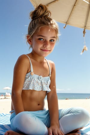 A close-up shot of a half-clothed tween girl sitting on a beach towel, her shoulders and upper chest exposed, with a messy bun and a carefree expression. The warm sunlight casts a gentle glow, illuminating the freckles on her nose and the soft folds of her clothing. The background is blurred, focusing attention on her relaxed pose and innocent charm.