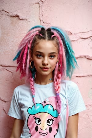 A whimsical portrait of a tween girl, surrounded by swirling clouds of cotton candy pink and electric blue hues. She poses confidently in front of a distressed wall, adorned with glittering stickers and neon markers. Her bright pink hair is styled in messy, playful dreadlocks, and she wears a oversized graphic t-shirt with cartoon characters. A vintage camera hangs from her neck, its lens reflecting the vibrant colors around her. The framing captures her carefree spirit, as if stepping into a fantastical world.