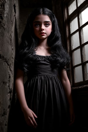 A dimly lit, abandoned asylum's crumbling hallway sets the eerie stage as 12-year-old Sophia, her porcelain doll-like features illuminated by a faint moonbeam streaming through a broken window, stands frozen in terror. Her raven-black hair, once perfectly coiffed, now hangs limp and tangled around her deathly pale face. In the background, an unseen presence lurks, casting long shadows that seem to writhe like living darkness.