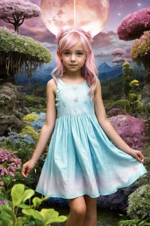 "A realistic tween girl standing in a surreal world, with detailed natural features, innocent expression, surrounded by dreamlike landscapes. Bright, colorful skies with floating islands, oversized plants, and whimsical creatures. The lighting is soft, creating a magical, otherworldly atmosphere. The girl is wearing a flowing, pastel-colored dress, blending with the ethereal environment. She interacts curiously with her surroundings, a sense of wonder in her eyes."