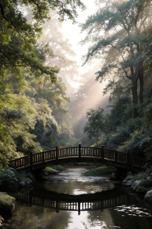 A majestic unicorn prances across a misty forest glade, its shimmering coat glistening in soft, ethereal light. The camera pans down to reveal a delicate, hand-painted wooden bridge spanning the tranquil stream, as the unicorn's mane flows like a river of gold in the gentle morning breeze. Framed by ancient trees, this whimsical scene radiates wonder and magic.