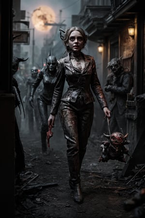 In the ravaged cityscape, a horde of abominations emerges from the shadows. Female dolls, their porcelain faces twisted in terror, are dragged by grotesque creatures: cremlins with razor-sharp claws and daemons with glowing red eyes. Amidst the chaos, ghostly apparitions flit about, while robots and androids lurk in the periphery, their cold, calculating gazes fixed on the mayhem.

From the closet, a figure emerges, its face a macabre jigsaw of bloody flesh and mucus-covered bone. Maggots writhe across its skin like living serpents as it moves with an unnatural, stiff gait. The air is heavy with the stench of giblets and decay.

As the camera zooms in, the doll's faces contort in a collective scream of terror, their frozen smiles now twisted into grotesque grimaces. The viewer is left with a moment of shiver, a frightening chill that sends a shiver down the spine. This illustration is a masterpiece of ultra-detailed realism, with every detail meticulously crafted to create an unsettling, apocalyptic landscape that will haunt the viewer's dreams.
