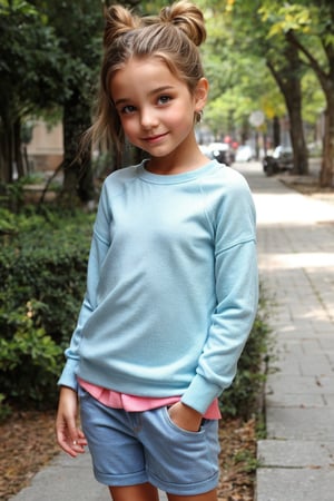  A vibrant snapshot of a llittel beauty! A tween girl with well-formed body, soft textile casual wear, childish fashion wear.