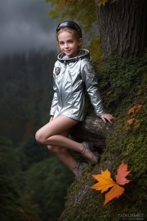 A whimsical autumn leaf pixie tween girl perches delicately on a crimson maple leaf, her slender fingers grasping the curved stem as raindrops glisten on her porcelain skin. Against the drizzly background, a rugged astronaut in a worn spacesuit gazes out at the camera, his helmet's visor reflecting the moody sky. The world of space adventure unfolds behind him, with a majestic spaceship soaring through the clouds.