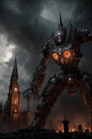 In the midst of a smoldering cityscape, a biomechanoid entity rises from the ruins, its gaze piercing through the haze as it confronts the viewer. Intricate details and textures adorn its mechanical form, as if crafted by an artisanal mastermind. The lighting is dim, with ambient occlusion casting deep shadows that accentuate its futuristic design. In the background, a steampunk-inspired cityscape looms large, with clockwork machinery and twisted metal spires piercing the sky. The overall effect is one of dynamic tension, as if the very fabric of reality is about to tear apart.