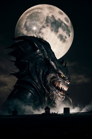 Low-angle shot of the monstrous silhouette emerging from darkness, casting long shadows on the moonlit streets of the hushed town. The camera pans down to reveal a sprawling octane rendering of chaos: crumbling buildings, scattering debris, and thick tension-filled air. The colossal single eye glows with eerie luminosity, offset by the unsettling gaping maw and rows of sharp teeth dripping with malevolent intent. Wrinkled, leathery skin adorns the villain's face, with dimly glowing tattoos. Wild, unruly hair stirs beneath the moonlight as the behemoth takes a menacing step forward, casting an imposing shadow on the town.