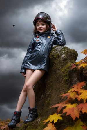 A whimsical autumn leaf pixie tween girl perches delicately on a crimson maple leaf, her slender fingers grasping the curved stem as raindrops glisten on her porcelain skin. Against the drizzly background, a rugged astronaut in a worn spacesuit gazes out at the camera, his helmet's visor reflecting the moody sky. The world of space adventure unfolds behind him, with a majestic spaceship soaring through the clouds.