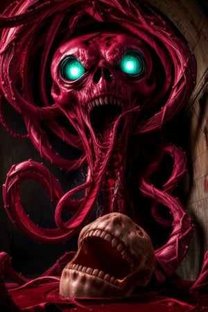 In the depths of a forsaken, industrial-waste-scarred landscape, a swirling vortex of crimson-hued mist and entrails churns to life, birthing the Aqrabuamelu. As it emerges from the mire, its razor-sharp claws slash at the air with a sickening crunch. Tentacles of writhing flesh writhe like snakes, while eyes that burn with an otherworldly green fire pierce through the darkness.

In the foreground, a dismembered corpse lies in a pool of viscous fluid, its face frozen in a silent scream as the monster's ethereal wail shatters the atmosphere. The air hangs heavy with malevolent stillness, broken only by the stench of death and sorrow. Nightmare-like tendrils of mist curl around the corpse, as if trying to reclaim it for the abyss from which it was torn.

In this forsaken realm, the Aqrabuamelu's presence casts a pall of terror, its gaze freezing time itself. The silence is oppressive, punctuated only by the sound of dripping viscous fluid and the distant, mournful wail of the monster. All hope is extinguished, leaving only an abyss of despair as this twisted, crimson-hued beast reigns supreme, its dominion unchallenged in this desolate kingdom of darkness.