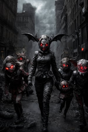 In the ravaged cityscape, a horde of abominations emerges from the shadows. Female dolls, their porcelain faces twisted in terror, are dragged by grotesque creatures: cremlins with razor-sharp claws and daemons with glowing red eyes. Amidst the chaos, ghostly apparitions flit about, while robots and androids lurk in the periphery, their cold, calculating gazes fixed on the mayhem.

From the closet, a figure emerges, its face a macabre jigsaw of bloody flesh and mucus-covered bone. Maggots writhe across its skin like living serpents as it moves with an unnatural, stiff gait. The air is heavy with the stench of giblets and decay.

As the camera zooms in, the doll's faces contort in a collective scream of terror, their frozen smiles now twisted into grotesque grimaces. The viewer is left with a moment of shiver, a frightening chill that sends a shiver down the spine. This illustration is a masterpiece of ultra-detailed realism, with every detail meticulously crafted to create an unsettling, apocalyptic landscape that will haunt the viewer's dreams.