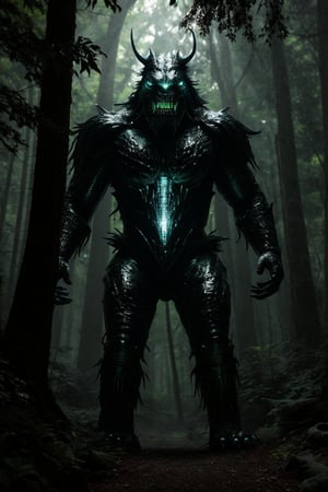 A dark forest looms in the background as a towering, shadowy creature emerges from the depths of the trees. Its scales glisten with an eerie bioluminescence, illuminating its snarling face and razor-sharp teeth. The monster's imposing figure dominates the frame, while the surrounding foliage seems to recede in fear.