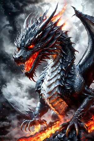 Create a hyper-realistic image of a black demon dragon, realistic dragon scales, embodying the black white flame. His scales are fiery red, his eyes burn with rage, and his breath is a searing inferno, ready to unleash his fury on anyone who dares cross his path.,Dragon