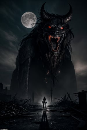 Moonlit streets of a hushed town shroud the monstrous silhouette as it emerges from darkness. Camera frames a sprawling chaos: crumbling buildings, scattered debris, and tense air. Colossal single eye glows with eerie luminosity, offset by gaping maw, rows of sharp teeth dripping malevolence. Leathery skin wrinkles on villain's face, dimly glowing tattoos adorning forehead. Unruly hair stirs beneath moonlight as behemoth takes menacing step forward, looming large over the ruins.