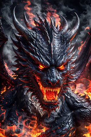 Create a hyper-realistic image of a black demon , realistic demon scales, embodying the black and white flame. His scales are fiery red, his eyes burn with rage, and his breath is a searing inferno, ready to unleash his fury on anyone who dares cross his path.,demon