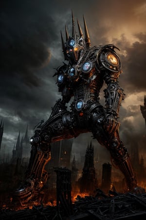 In the midst of a smoldering cityscape, a biomechanoid entity rises from the ruins, its gaze piercing through the haze as it confronts the viewer. Intricate details and textures adorn its mechanical form, as if crafted by an artisanal mastermind. The lighting is dim, with ambient occlusion casting deep shadows that accentuate its futuristic design. In the background, a steampunk-inspired cityscape looms large, with clockwork machinery and twisted metal spires piercing the sky. The overall effect is one of dynamic tension, as if the very fabric of reality is about to tear apart.