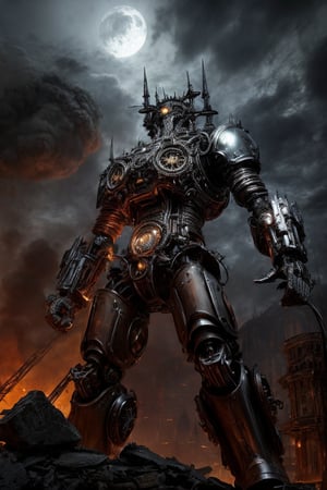 In the midst of a smoldering cityscape, a biomechanoid entity rises from the ruins, its gaze piercing through the haze as it confronts the viewer. Intricate details and textures adorn its mechanical form, as if crafted by an artisanal mastermind. The lighting is dim, with ambient occlusion casting deep shadows that accentuate its futuristic design. In the background, a steampunk-inspired cityscape looms large, with clockwork machinery and twisted metal spires piercing the sky. The overall effect is one of dynamic tension, as if the very fabric of reality is about to tear apart.