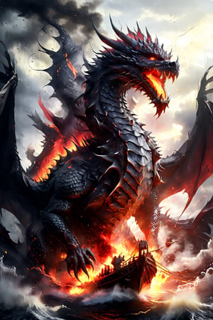 Create a hyper-realistic image of a black dragon ship , realistic dragon ship, embodying the black white flame. His scales are fiery red, his eyes burn with rage, and his breath is a searing inferno, ready to unleash his fury on anyone who dares cross his path.,dragon ship,DonMD3m0nV31nsXL