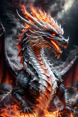 Create a hyper-realistic image of a dragon, realistic dragon scales, embodying the black white flame. His scales are fiery red, his eyes burn with rage, and his breath is a searing inferno, ready to unleash his fury on anyone who dares cross his path.,Dragon