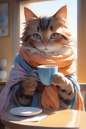 
clear contours, sharpness, a cat in a scarf holds a cup of coffee, in the style of realistic usage of light and color, anime aesthetic, paul bonner, cute and colorful, light orange and blue,  in the style of soft-focused realism, poolcore, anime aesthetic, violet and amber,  nostalgic paintings
