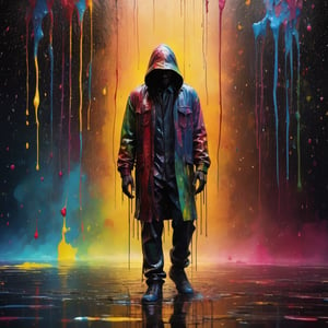 a dark man ((silouhette)) in colorful rain, dripping paint,abstract, (((masterpiece))), best quality,ultra-detailed, 8k, wallpaper, extremely delicate and beautiful, highresolution, ray tracing, best shadow, (realistic, photorealistic:1.37),professional lighting, photon mapping, radiosity, physically-based rendering