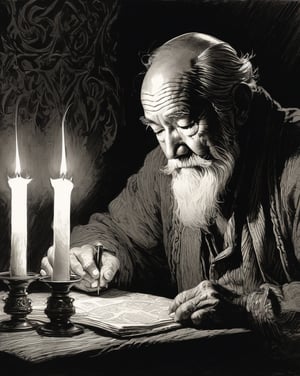  portrait of old manlooking at candlelight, pen and ink, intricate line drawings, by craig mullins, ruan jia, kentaro miura, greg rutkowski, loundraw ,greg rutkowski