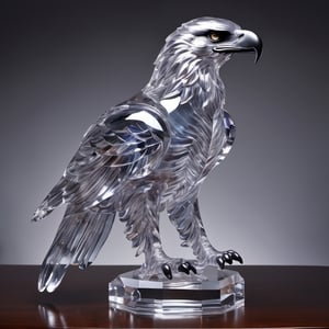 An intricately crafted statue of an eagle made entirely of transparent glass, depicting an interstellar nebula. galaxies, flora and fauna, hyper realistic, ultra detailed,The statue incorporates elements of galaxies, flora, and fauna, resulting in a hyper-realistic and ultra-detailed piece of art. It exudes elegance and beauty, capturing the eye with its stunning craftsmanship. The wolf statue is adorned with a single tail, adding a touch of uniqueness to its already captivating design.