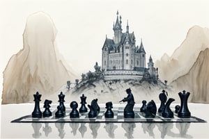beautiful aesthetic inspirational masterful professional ink pen and watercolor sketch of a castle, ultra detailed, fine details, trending on artstation, high quality paper “chess player", 8k, highly detailed, painting”