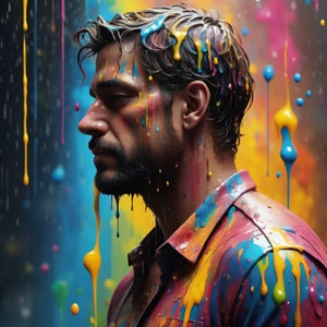 a man silouhette in colorful rain, dripping paint,abstract, (((masterpiece))), best quality,ultra-detailed, 8k, wallpaper, extremely delicate and beautiful, highresolution, ray tracing, best shadow, (realistic, photorealistic:1.37),professional lighting, photon mapping, radiosity, physically-based rendering