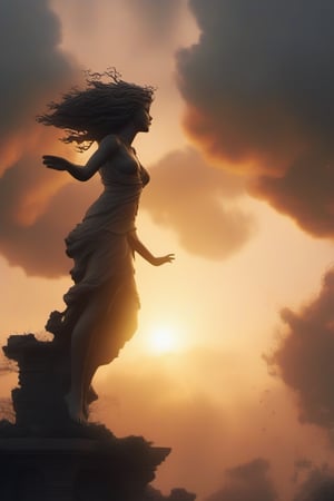 Monochromatic Anime Dryad statue
Big clouds are opening, there is a sun beam of light fringe anointing spilling on the top. 
Sunset, windy, foggy, rusty, smoke, dusty, particles, sparks, scintillations, ancient ruins