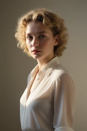 (((Iconic 1940s age style extremely beautiful)))
(((Blonde short curly hair)))(((white blouse)))
(((delicate interplay of light and shadow, artistic expression, emotional resonance, symmetry,minimalistic)))
(((1940s age style)))
(((Sun-drenched light elegant colors background)))
(((View zoom,view detailed,wide angle))) 
(((by Annie Leibovitz style,by caravaggio style))),cinematic style