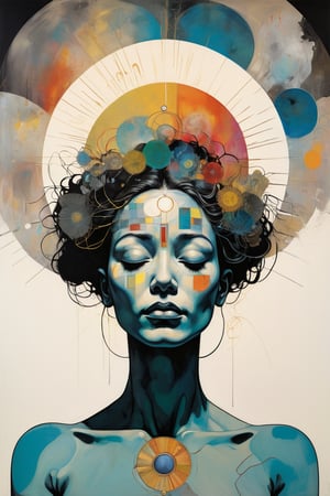 A serene illustration of a woman in a meditative pose, surrounded by a halo of healing energy, without the text. incorporating vibrant colors. gritty dirty textures scratched Salvador Dali Egon Schiele Jasper Johns Georgia O’Keeffe Basquiat, MASTERPIECE by Aaron Horkey and Jeremy Mann