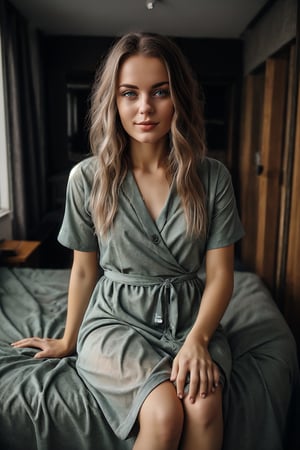 close portrait, 24 years old lady wears bed wrap dress in her bedroom, 30 style of Pinterest dress, artistic, cinematic mood, full shot, feminine