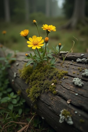 Vintage photograph, Extremely realistic and professional photography. Hyper-realistic. Little yellow flowers.. Green moss and lichen growing over the skin.