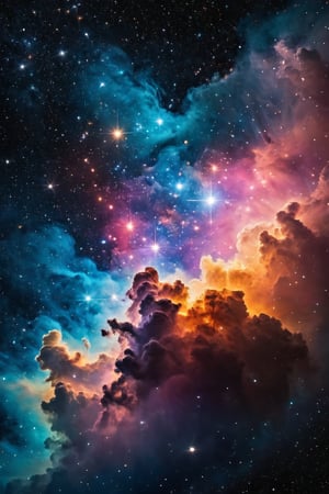 A cluster of stars shining in a cloud of vividly colorful space dust.