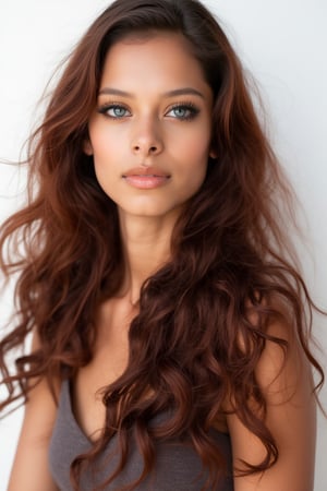 a chest up photograph of a beautiful woman, beautifully detailed face with very long hair, wavy and windy hair, very attractive face, beautiful and symmetric facial features, hair blowing in the wind, white background, 8k, UltraHD, Octane,Gorgeous, beautiful, brown hair, blue eyes, excentic