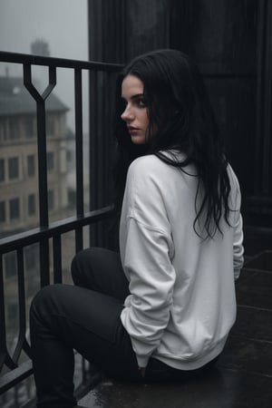A melancholic Gothic woman sits poised on a balcony, gazing away from the viewer as rain drizzles down. Her piercing eyes are framed by a sweep of long, wavy black hair, which cascades down her back like a dark waterfall. A bold, black lipstick defines her features, while a black sweatshirt and jeans pants create a striking contrast with the wet, urban surroundings. Bare feet splay out beneath her, as if embracing the dampness. The 35mm camera captures every intricate detail in stunning high definition (8k), bathing the scene in atmospheric lighting that emphasizes the moody, epic atmosphere. Proportional composition and rich textures create a visually stunning image that exudes a sense of longing.