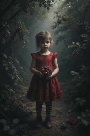 Create an image of a surreal scene featuring a child at the center dressed in a ruffled red dress with matching striped leggings, surrounded by oversized, textured blueberries on branches against a dark atmospheric background.
