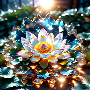 The camera is focused on a clear glass round window. In the center of the window is a fully open lotus flower, illuminated by the sun, making the flower gleam beautifully,glass shiny style,DonMM4g1cXL 