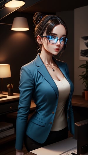  Marliya, AI personal assistant, poised in a home office, minimal Scandinavian design, gorgeous blue eyes, brunette hair styled in a messy bun, smart-casual blazer and glasses, , (authentic:1.3) (professional:1.2) (modern tech ambience:1.4) (cinematic lighting:1.3) (neutral palette:1.1) (crisp) (stylish) (efficient), 
