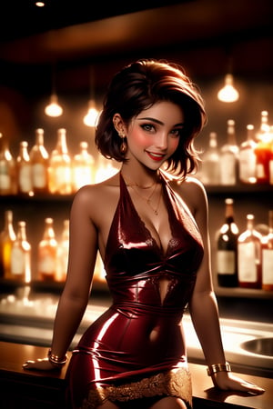 Cinematic film still: 1 woman, English, 25 y.o, wearing a sexy hardly there dress, sleeveless,  sexy haircut, smiling, standing, (high detailed skin: 1.2), little medieval bar interior in the background, shallow depth of field, vignette, highly detailed, high budget, bokeh, cinemascope, moody, epic, gorgeous, film grain, grainy,mid-journey, insert name here