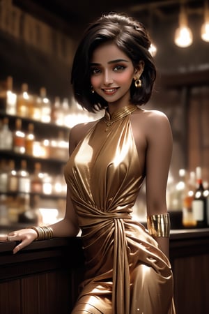 Cinematic film still: 1 woman, Indian, 25 y.o, wearing a sexy hardly there dress, sleeveless,  sexy haircut, smiling, standing, (high detailed skin: 1.2), little medieval bar interior in the background, shallow depth of field, vignette, highly detailed, high budget, bokeh, cinemascope, moody, epic, gorgeous, film grain, grainy,mid-journey, insert name here
