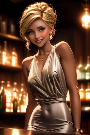 Cinematic film still, 1woman, Australian, 25 y.o, wearing a sexy hardly there dress, sleeveless,  blonde, pixie haircut, smiling, standing, (high detailed skin: 1.2), little medieval bar interior in the background, shallow depth of field, vignette, highly detailed, high budget, bokeh, cinemascope, moody, epic, gorgeous, film grain, grainy,mid-journey, insert name here