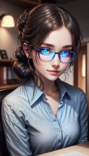  Marliya, AI personal assistant, poised in a home office, minimal Scandinavian design, gorgeous blue eyes, brunette hair styled in a messy bun, smart-casual blazer and glasses, , (authentic:1.3) (professional:1.2) (modern tech ambience:1.4) (cinematic lighting:1.3) (neutral palette:1.1) (crisp) (stylish) (efficient), 
