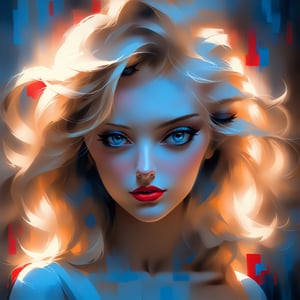1girl, solo, long hair, looking at viewer, blue eyes, blonde hair, parted lips, lips, eyelashes, makeup, lipstick, portrait, eyeshadow, nose, mascara, bangs, ink drawing, illustrative art, soft lighting, detailed, more Flowing rhythm, elegant, sharp with depth of field, upper body, add soft blur with thin line, red lipstick, blue eyes.
